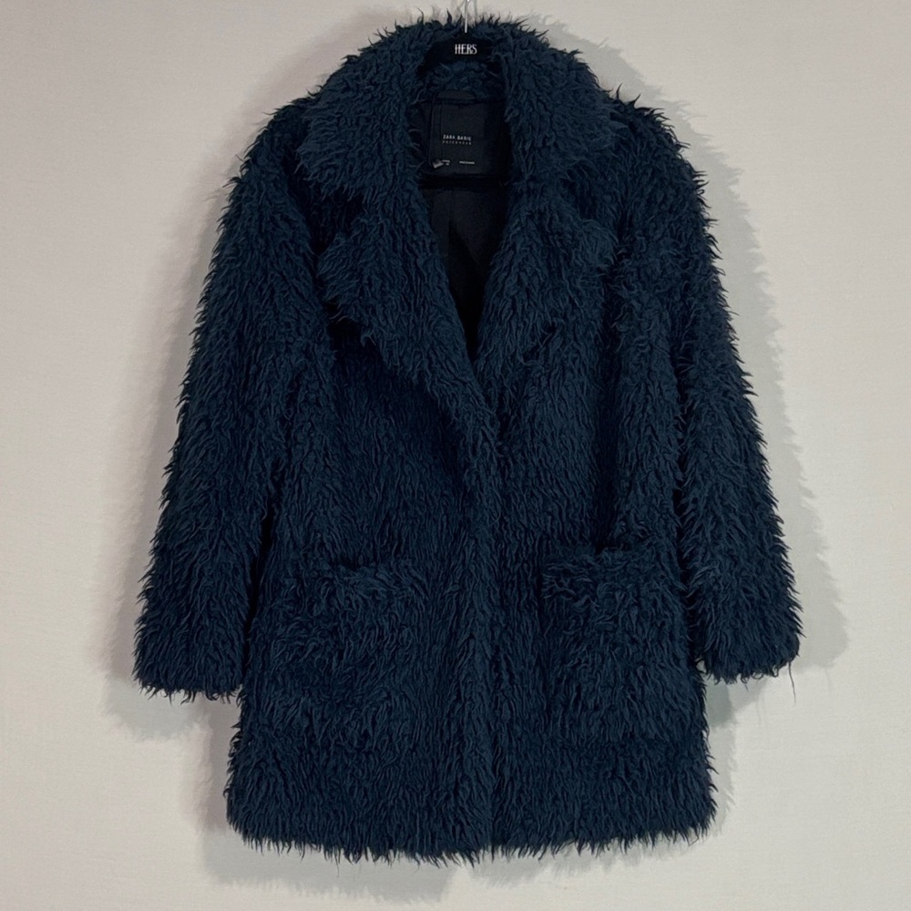 Zara Basic Teal Faux Fur Teddy Coat Jacket Size M